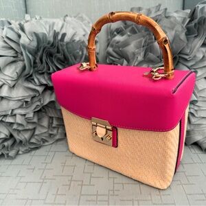 Pink and Tan Handbag with Bamboo Handle and long pink crossbody purse